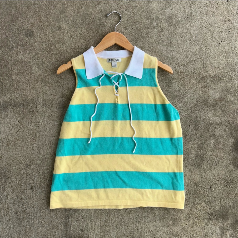 Tyler Boe Striped Sleeveless Knit Sweater Top Size L Large Women Collar Retro